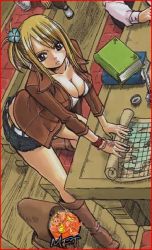 00s 1boy 2girls blonde_hair book boots breasts cleavage denim denim_shorts erza_scarlet fairy_tail jewelry lucy_heartfilia makarov_dreyar map mashima_hiro multiple_girls out_of_frame shorts solo watermark rating:Questionable score:42 user:danbooru