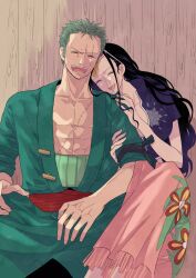  1boy 1girl abs bandana_around_arm black_hair closed_eyes commentary_request earrings eyewear_on_head green_hair highres jewelry long_hair may_snmk nico_robin one_piece open_mouth roronoa_zoro scar scar_across_eye scar_on_chest scar_on_face short_hair single_earring smile sunglasses teeth  rating:General score:5 user:danbooru