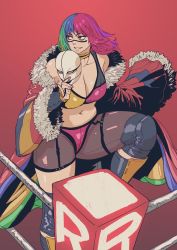  asuka_(wrestler) breasts brown_eyes butcherboy cleavage commentary english_commentary facepaint holding holding_mask large_breasts leg_up looking_to_the_side mask midriff multicolored_hair navel off-shoulder_jacket off_shoulder plump real_life solo thick_thighs thighs wwe  rating:Sensitive score:38 user:danbooru