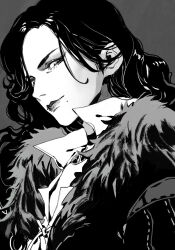  1girl from_side fur_trim grey_background greyscale high_collar highres kuzen long_hair looking_at_viewer mole mole_under_mouth monochrome shirt sideways_glance simple_background smile solo the_witcher_(series) the_witcher_3 upper_body yennefer_of_vengerberg 