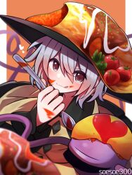  1girl :q black_hat border buttons closed_mouth commentary diamond_button food food-themed_hat frilled_sleeves frills grey_eyes grey_hair hair_between_eyes hand_up hat heart heart_of_string highres holding holding_spoon komeiji_koishi long_sleeves looking_at_viewer medium_hair omelet omurice orange_background shirt simple_background smile soesoe300 solo spoon third_eye tomato tongue tongue_out touhou twitter_username upper_body white_border wide_sleeves yellow_shirt 