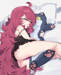  1girl absurdres ahoge ass babydoll bare_legs black_babydoll blue_archive closed_eyes closed_mouth gen_(unzzenasd) halo highres hugging_object iroha_(blue_archive) long_hair lying on_bed on_side panties pillow purple_panties red_hair sleeping spaghetti_strap strap_slip stuffed_animal stuffed_cat stuffed_toy underwear very_long_hair wavy_hair 