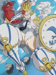  1girl adapted_costume alternate_color alternate_costume alternate_universe ass crown floating hair_over_one_eye headphones highleg highleg_leotard highres holding holding_shield holding_weapon huge_weapon kanikanipan3740 leotard long_hair looking_at_viewer marine_uniform_(one_piece) military_uniform multicolored_hair ocean one_piece polearm shield smile sticker thick_thighs thighs thong_leotard two-tone_hair uniform uta_(one_piece) very_long_hair weapon white_leotard 