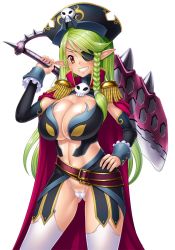  00s 1girl amagi_michihito breasts cape female_focus green_hair hat highres huge_breasts julia_swallow lilith-soft long_hair looking_at_viewer nipples orange_eyes pirate shiny_skin smile solo sword taimanin_(series) taimanin_asagi taimanin_asagi_kessen_arena thong weapon 