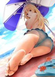 1girl alternate_costume arm_support ass atago_(kancolle) bad_id bad_pixiv_id barefoot beach beach_mat beret bikini bikini_skirt blonde_hair blue_bikini blue_eyes blue_hat blue_sky blush breasts cloud day feet hair_between_eyes hat kantai_collection large_breasts long_hair lying neet_co. ocean on_side outdoors revision sand sandals see-through sidelocks sky soles solo swimsuit thighs toes topfreedom topless umbrella unworn_sandals rating:Questionable score:104 user:danbooru