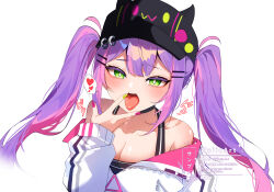  1girl absurdres after_fellatio black_hat breasts cleavage cum cum_in_mouth hat highres hololive medium_breasts open_mouth purple_hair solo tokoyami_towa twintails virtual_youtuber weiic 