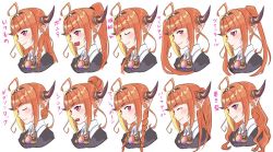  1girl ahoge alternate_hairstyle black_hairband blonde_hair braid dragon_girl dragon_horns eyes_closed fang fang_out hair_behind_ear hair_bun hairband hololive horns kiryuu_coco kyou_fumei looking_ahead looking_to_the_side multicolored_hair multiple_views open_mouth orange_hair pointy_ears ponytail red_eyes side_ponytail skin_fang smile streaked_hair tied_hair translation_request twin_braids twintails virtual_youtuber 
