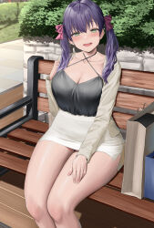  1girl bag bench blush breasts cleavage collarbone commentary green_eyes hair_ornament hair_ribbon highres large_breasts long_hair long_sleeves looking_at_viewer miniskirt oekakizuki on_bench original outdoors parted_lips purple_hair purple_ribbon ribbon shirt_tucked_in sitting skirt smile solo thick_thighs thighs twintails white_skirt  rating:Sensitive score:64 user:danbooru