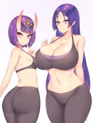 2girls arm_behind_back ass bare_shoulders black_sports_bra blunt_bangs blush breasts butt_crack cameltoe cleavage closed_mouth collarbone cowboy_shot eyelashes eyeshadow fang fate/grand_order fate_(series) finger_to_mouth from_behind gradient_background grey_background hair_ornament hand_up headpiece heavy_breathing horns huge_breasts kuavera legs_together long_hair looking_at_viewer looking_back makeup medium_breasts midriff minamoto_no_raikou_(fate) multiple_girls naughty_face navel pantylines parted_bangs purple_eyes purple_hair shiny_skin short_eyebrows short_hair shuten_douji_(fate) sidelocks signature single_horn skin_fang skindentation smile sports_bra standing strap_gap sweat thick_eyebrows thighs twisted_torso v-shaped_eyebrows white_background rating:Sensitive score:186 user:danbooru