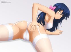 1girl absurdres agent_aika aika_(series) ass ass_grab back black_hair blush bra breasts butt_crack cameltoe cleavage closed_mouth delmo deviantart female_focus garter_belt golden_delmo grabbing_own_breast hair_ornament hair_ribbon highres legs lingerie long_hair looking_at_viewer looking_back lying on_stomach panties pantyshot revision ribbon rie_petoriyacowa simple_background smile solo thighhighs thighs underwear underwear_only very_long_hair white_panties zel-sama rating:Questionable score:61 user:delmogeny