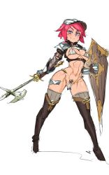  1girl abs armor axe bikini_armor boots breasts chain character_request chausses combination_weapon fighting_stance full_body gauntlets helmet holding holding_axe holding_shield holding_weapon jacket jewelry large_breasts navel nisetanaka no_panties open_clothes open_jacket pauldrons pelvic_curtain pink_hair purple_eyes shield short_hair shoulder_armor smug solo standing thigh_boots thighhighs warrior weapon white_background 