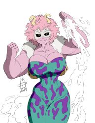  1girl ashido_mina boku_no_hero_academia breasts callmepo cleavage colored_skin female_focus highres horns large_breasts looking_at_viewer muscular muscular_female pink_hair pink_skin solo 