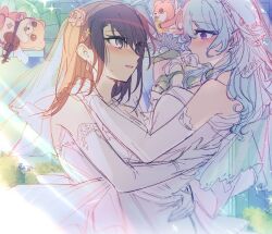  2girls bang_dream! black_hair blue_hair blush bouquet breasts bridal_veil cherub commentary_request covered_mouth dress elbow_gloves eye_contact female_focus flower gloves grey_eyes hair_flower hair_ornament hand_on_another&#039;s_shoulder hands_on_another&#039;s_back highres holding holding_bouquet hug korean_commentary lace lace-trimmed_dress lace-trimmed_gloves lace_trim light_particles light_rays long_hair looking_at_another matsubara_kanon medium_breasts medium_hair michelle_(bang_dream!) multiple_girls nose_blush okusawa_misaki opi parted_bangs parted_lips purple_eyes rose sidelocks sleeveless sleeveless_dress strapless strapless_dress veil wedding wedding_dress white_dress white_flower white_gloves white_rose yuri 