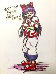1girl ainu_clothes birthday breasts closed_eyes dated fingerless_gloves gloves hair_ribbon happy highres japanese_text legs long_hair medium_breasts nakoruru open_mouth own_hands_clasped pants purple_hair ribbon samurai_spirits smile snk solo the_king_of_fighters thighs traditional_media translation_request very_long_hair