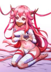  1girl bandaged_arm bandaged_leg bandages barefoot black_sclera candy chocolate chocolate_heart colored_sclera eating artistic_error fang fangs flat_chest food food_in_mouth full_body happy_valentine heart heart_hands horns long_hair looking_at_viewer mouth_hold navel nea on_bed panties pink_hair red_eyes ribbon sarashi scar seiza sidelocks simple_background sitting thong tsumi_yo tsumiyo underwear valentine very_long_hair white_background white_panties wrong_foot  rating:Sensitive score:6 user:michal-sky