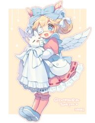  1girl angel_wings animal animal_hug apron artist_name bag bell blanket blonde_hair blue_bow blue_eyes blue_footwear border bow commentary_request commission commissioner_name cutesu_(cutesuu) dress english_text eyepatch feathered_wings frilled_bow frilled_socks frills full_body hair_bell hair_bow hair_ornament head_wings holding holding_animal holding_blanket kneehighs lace lace-trimmed_dress lace_trim layered_sleeves light_blush long_sleeves mary_janes medical_eyepatch multiple_hair_bows open_mouth original outline outside_border pink_dress pink_sleeves pink_socks pleated_skirt puffy_short_sleeves puffy_sleeves ribbon-trimmed_dress shoes short_dress short_hair short_over_long_sleeves short_sleeves shoulder_bag simple_background skeb_commission skirt smile socks solo star_(symbol) starry_background thank_you usamata white_apron white_bag white_border white_bow white_outline white_sleeves white_wings wings yellow_background 