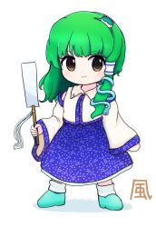  1girl bare_shoulders blue_footwear blue_hairband blue_skirt blush chibi closed_mouth collared_shirt detached_sleeves frog_hair_ornament full_body gohei green_hair hair_ornament hairband hand_up highres holding holding_gohei kochiya_sanae long_hair long_sleeves looking_to_the_side mountain_of_faith rei_(tonbo0430) shadow shirt shoes simple_background single_hair_tube skirt snake_hair_ornament socks solo standing touhou white_background white_shirt white_socks wide_sleeves yellow_eyes 