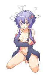  1girl ahoge ajishio bare_shoulders bikini blush breasts commentary_request embarrassed grey_bikini hair_ornament highleg highleg_bikini highres jacket navel off_shoulder open_clothes open_jacket parted_lips purple_eyes purple_hair short_hair_with_long_locks simple_background sketch small_breasts smile solo sweat swimsuit vocaloid voiceroid white_background yuzuki_yukari 