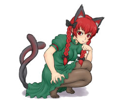 1girl :p animal_ears braid breasts cat_ears cat_girl cat_tail claws extra_ears feet female_focus fingernails full_body kaenbyou_rin kuro_suto_sukii long_fingernails multiple_tails pantyhose paw_pose red_hair sharp_fingernails simple_background solo squatting tail tongue tongue_out touhou twin_braids white_background rating:Sensitive score:7 user:danbooru