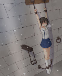 1girl absurdres aihara_hiromi arms_up bdsm blush bondage bound brick_wall brown_eyes brown_hair chain chained chained_ankles chained_wrists cold cuffs dungeon heavy_breathing highres kneehighs majokari_ni_torawareta_shoujo_hiromi no_shoes original prisoner rokujuuni school_uniform shackled shackles short_hair socks solo suspenders tiptoes torture whip_marks white_socks rating:Questionable score:68 user:danbooru