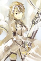  1girl armor bad_id bad_pixiv_id bare_shoulders blonde_hair breasts fate/apocrypha fate/grand_order fate/stay_night fate_(series) faulds forehead_protector gauntlets gradient_background jeanne_d&#039;arc_(fate) jeanne_d&#039;arc_(ruler)_(fate) jeanne_d&#039;arc_(third_ascension)_(fate) long_hair purple_eyes short_hair solo thighhighs tthal 
