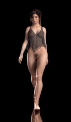  1girl 3d abs animated animated_gif barefoot black_background bouncing_breasts breasts female_pubic_hair full_body lara_croft lingerie no_panties pubic_hair see-through solo tomb_raider underwear walking  rating:Explicit score:100 user:MysteryJ1