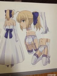  1girl artoria_pendragon_(fate) bow dress fate/stay_night fate/unlimited_blade_works fate_(series) garter_belt high_heels lingerie panties photo_(medium) saber_(fate) simple_background thighhighs underwear wedding_dress  rating:Questionable score:26 user:Summon_Knight