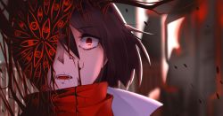  brown_hair close-up corruption demon facial_scar i&#039;m_the_grim_reaper lying red_eyes red_scarf sanpaku scar scar_on_cheek scar_on_face scarf scarlet_(i&#039;m_the_grim_reaper) short_hair  rating:Sensitive score:2 user:FedExBex