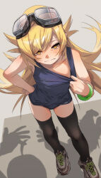  1girl araragi_koyomi black_thighhighs blonde_hair blue_one-piece_swimsuit blush brown_footwear closed_mouth collarbone commentary_request fang fu-ta goggles goggles_on_head grey_background hand_on_own_hip highres kanbaru_suruga long_hair looking_at_viewer monogatari_(series) one-piece_swimsuit oshino_shinobu school_swimsuit shadow shoes sneakers solo standing swimsuit thighhighs thighs yellow_eyes 