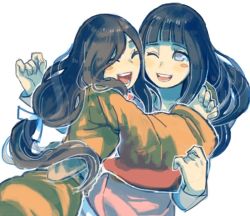  2girls age_difference aisutabeta blue_hair blunt_bangs blush breasts brown_hair byakugan closed_eyes facing_another hair_tie hands_up happy hime_cut hug hyuuga_hanabi hyuuga_hinata japanese_clothes kimono laughing long_hair long_sleeves looking_at_another multiple_girls naruto naruto:_the_last naruto_(series) obi one_eye_closed open_mouth orange_kimono purple_eyes sash siblings simple_background sisters smile standing teeth tongue upper_body white_background wide_sleeves  rating:Questionable score:46 user:dmysta3000