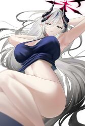  1girl armpits arms_behind_head ass bare_legs black_hair black_halo black_horns blue_archive blue_tank_top blush bottomless breasts demon_horns erlisa_takanashi feet_out_of_frame floating_hair from_below gradient_hair gradient_halo gradient_horns grey_hair hair_between_eyes halo highres horns large_breasts long_hair looking_at_viewer makoto_(blue_archive) multicolored_hair multicolored_halo multicolored_horns multiple_horns navel parted_lips pointy_ears red_halo simple_background solo squatting tank_top thighs very_long_hair 
