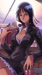  1girl absurdres barrel black_dress black_hair book breasts cleavage collarbone dress glass green_eyes highres holding holding_book large_breasts long_hair long_sleeves looking_at_viewer nico_robin ocean one_piece open_clothes outdoors plague_of_gripes sitting smile solo straining_buttons sunset tan thighs 