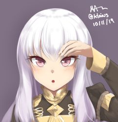  1girl blush dated fire_emblem fire_emblem:_three_houses hand_up klaius long_hair long_sleeves looking_at_viewer lysithea_von_ordelia military military_uniform nintendo parted_lips pink_eyes signature solo twitter_username uniform upper_body white_hair  rating:Sensitive score:9 user:danbooru