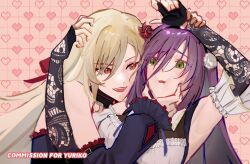  2girls :i armpits arms_up assault_lily bare_shoulders black_collar black_gloves black_hairband black_shirt blonde_hair blush breasts cheek_squash collar commentary commission commissioner_name detached_sleeves fangs fingerless_gloves flower frilled_shirt frilled_sleeves frills gloves green_eyes hair_between_eyes hair_flower hair_ornament hairband hand_on_another&#039;s_chin hand_on_another&#039;s_head heads_together heart heart_background holding_another&#039;s_wrist jewelry juno_(junisgud) lace_sleeves long_bangs long_hair long_sleeves looking_at_another maki_wakana medium_breasts multiple_girls neck_ribbon okada_kisara parted_lips pink_background pixelated purple_hair purple_ribbon raised_eyebrows red_eyes red_flower red_ribbon red_rose ribbon ring rose shirt sleeveless sleeveless_shirt smile teeth upper_body upper_teeth_only white_flower white_rose white_shirt yuri 
