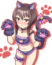  1girl animal_ears animal_hands bell bow bow_panties bra brown_hair cat_cutout cat_ears cat_lingerie cat_tail claws cleavage_cutout closed_mouth clothing_cutout collar cowboy_shot embarrassed fake_animal_ears fake_claws fake_tail frilled_bra frilled_panties frills frown gloves kono_subarashii_sekai_ni_shukufuku_wo! long_hair looking_at_viewer megumin meme_attire neck_bell outline panties paw_gloves paw_pose paw_print pink_bow purple_bra purple_panties red_eyes red_outline s_(hdru2332) shadow solo standing tail tail_bow tail_ornament underwear wavy_mouth 
