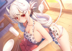 1girl ahoge animal_print apron ass bento black_scrunchie blurry blurry_background blush breasts brown_eyes butt_crack chair chopsticks cleavage collarbone commentary_request cow_horns cow_print cow_tail cup curled_horns day depth_of_field drinking_glass dutch_angle hair_between_eyes hair_ornament hair_scrunchie hairclip heart highres horns indoors large_breasts leaning_forward long_hair looking_at_viewer nearly_naked_apron nose_blush original panties plate print_apron scrunchie sidelocks silver_hair solo sunlight table tail tatapopo underwear very_long_hair white_apron white_panties wooden_floor rating:Sensitive score:27 user:danbooru