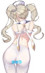 1girl absurdres ass back barbara_(genshin_impact) blonde_hair bra censored censored_by_text cowboy_shot cross drill_hair from_behind genshin_impact hair_ornament hat highres latin_cross pantyhose pomp_(qhtjd0120) priestess simple_background solo text_focus twin_drills twintails underwear white_background white_bra white_pantyhose rating:Sensitive score:112 user:danbooru