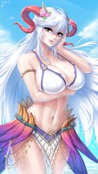  1girl armlet artist_name bikini blue_sky breasts cleavage commentary commission curled_horns diskette english_commentary fire_emblem fire_emblem_heroes flower freyja_(fire_emblem) freyja_(summer)_(fire_emblem) goat_horns hair_flower hair_ornament highres horns large_breasts long_hair looking_at_viewer navel nintendo official_alternate_costume open_mouth pelvic_curtain red_eyes red_horns sky solo swimsuit white_bikini white_hair  rating:Sensitive score:6 user:danbooru