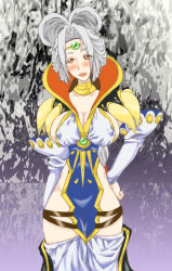  1girl blush breasts choker chrono_(series) chrono_cross circlet cleavage cleft_of_venus covered_erect_nipples detached_sleeves female_focus groin hand_on_own_hip hands_on_own_hips head_tilt hip_focus hyde_onsenguma large_breasts lips lipstick long_hair long_image looking_at_viewer makeup orange_eyes pussy see-through sideboob silver_hair smile solo standing steena tall_image thigh_gap thighhighs thighs tiara uncensored wide_hips 