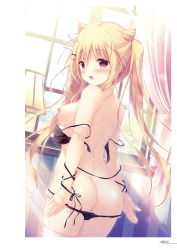 1girl animal_ears arms_at_sides ass back black_bra black_panties blonde_hair blush bra breasts chocolat_neige cropped_legs curtains drill_hair fang hair_between_eyes hair_ornament hairpin highres lamp long_hair looking_at_viewer looking_back medium_breasts nipples non-web_source open_mouth panties panty_pull puffy_nipples purple_eyes shiratama_(shiratamaco) sidelocks solo sugatem!_-sugarfull_tempering- sunlight thighhighs turning_head twintails underwear undressing white_thighhighs window windowsill rating:Questionable score:21 user:danbooru