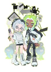  1boy 1girl :o bag bike_shorts black_pants black_shorts blue_hair boots character_charm charm_(object) commentary dark-skinned_male dark_skin eyebrow_cut fangs full_body goggles goggles_on_head gradient_hair green_hair green_outline grey_eyes grey_hair headphones highres holding holding_hands holding_phone inkling_girl inkling_player_character inuyama_(inuhill) jacket jellyfish_(splatoon) jewelry li&#039;l_judd_(splatoon) medium_hair multicolored_clothes multicolored_hair multicolored_jacket nintendo octoling_boy octoling_player_character open_mouth outline pants phone pointy_ears ring short_hair shorts shoulder_bag sign splatoon_(series) splatoon_3 suction_cups sweater sweater_vest symbol-only_commentary tentacle_hair thick_eyebrows torn_clothes torn_pants two-tone_jacket white_background white_footwear white_headphones white_sweater white_sweater_vest 