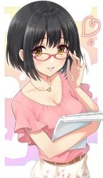 1girl adjusting_eyewear belt bespectacled black_hair blush breasts brown_belt cleavage collarbone commentary_request glasses gradient_background hands_up heart highres holding holding_paper idolmaster idolmaster_cinderella_girls idolmaster_cinderella_girls_starlight_stage jewelry large_breasts looking_at_viewer necklace paper parted_lips pink-framed_eyewear pink_shirt sheet_music shirt short_hair short_sleeves skirt smile solo takafuji_kako two-tone_background upper_body urabi_(tomatohouse) white_skirt yellow_eyes 