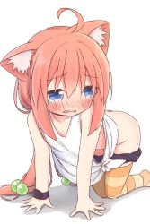 1041_(toshikazu) 1girl ahoge all_fours animal_ear_fluff animal_ears ass asymmetrical_legwear ayanepuna bare_arms barefoot bike_shorts black_shorts blue_eyes blush cat_ears clothes_pull commentary_request hair_between_eyes hair_bobbles hair_ornament highres hinata_channel loli long_hair low_twintails mismatched_legwear nekomiya_hinata no_bra nose_blush orange_thighhighs parted_lips pink_hair shadow shirt short_shorts shorts shorts_pull solo striped_clothes striped_thighhighs tank_top tears thighhighs twintails very_long_hair virtual_youtuber wavy_mouth white_background white_shirt rating:Questionable score:33 user:danbooru