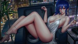  1girl arm_up ass azur_lane bare_shoulders blue_hair blue_nails blurry breasts chair champagne_flute cleavage clothes_between_thighs cup depth_of_field dress drinking_glass earrings hair_between_eyes hair_ornament hairclip halter_dress halterneck indoors jewelry large_breasts legs looking_at_viewer nail_polish necklace pelvic_curtain pink_eyes plant plunging_neckline revealing_clothes sciamano240 side_ponytail sidelocks silver_dress sitting smile solo st._louis_(azur_lane) st._louis_(luxurious_wheels)_(azur_lane) thighs toenail_polish toenails  rating:Questionable score:265 user:Vardigiil