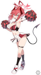  1girl alternate_costume armpits bare_shoulders blue_archive blue_eyes blush breasts cheerleader cleavage criss-cross_halter demon_girl demon_horns demon_tail full_body hair_between_eyes hair_ornament halo halterneck highres holding holding_pom_poms horns kneehighs large_breasts long_hair looking_at_viewer megu_(blue_archive) midriff millennium_cheerleader_outfit_(blue_archive) miniskirt navel open_mouth pleated_skirt pointy_ears pom_pom_(cheerleading) pom_poms ponytail red_hair shoes sidelocks simple_background skirt sleeveless smile sneakers socks solo sports_bra standing tail white_background white_skirt yaman 