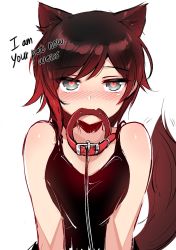 1girl animal_ears bad_id bad_twitter_id blush collar derivative_work english_text fang fox_ears fox_tail heart heart-shaped_pupils highres leash looking_at_viewer mouth_hold ndgd ruby_rose rwby skin_fang solo symbol-shaped_pupils tail viewer_holding_leash rating:Sensitive score:304 user:Tanarus