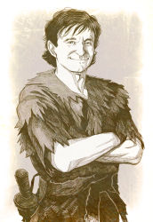  1boy bad_id bad_pixiv_id commentary crossed_arms derivative_work looking_at_viewer male_focus monochrome parhart peter_pan peter_pan_(character) real_life robin_williams smile solo upper_body cowboy_western 