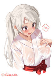 1girl blush breasts brown_eyes collarbone conte_di_cavour_(kancolle) cowboy_shot cropped_torso ebifurya hair_between_eyes hakama hakama_skirt hand_on_own_chest hand_up highres japanese_clothes kantai_collection kimono large_breasts long_hair long_sleeves looking_down miko official_alternate_costume one-hour_drawing_challenge open_mouth parted_bangs purple_eyes red_hakama ribbon-trimmed_sleeves ribbon_trim see-through simple_background skirt solo spoken_blush surprised twitter_username two_side_up upper_body wet wet_clothes white_background white_hair white_kimono wide_sleeves rating:Sensitive score:53 user:danbooru