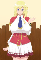  1girl blonde_hair blue_eyes blue_necktie blush breasts capelet center_frills collared_shirt corset enome fence frills fujirin futoku_no_guild highres huge_breasts long_sleeves looking_at_viewer necktie open_mouth pleated_skirt red_capelet red_corset shirt skirt smile solo white_shirt wooden_fence 