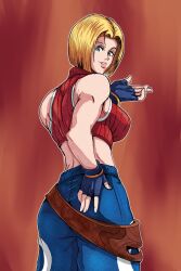 1girl ass blonde_hair blowing_kiss blue_eyes blue_mary breasts fatal_fury fingerless_gloves gloves hand_on_own_ass highres large_breasts looking_at_viewer looking_back midriff pants parted_lips pink_lips shirt sideboob sleeveless sleeveless_shirt snk solo the_king_of_fighters the_king_of_fighters_xv